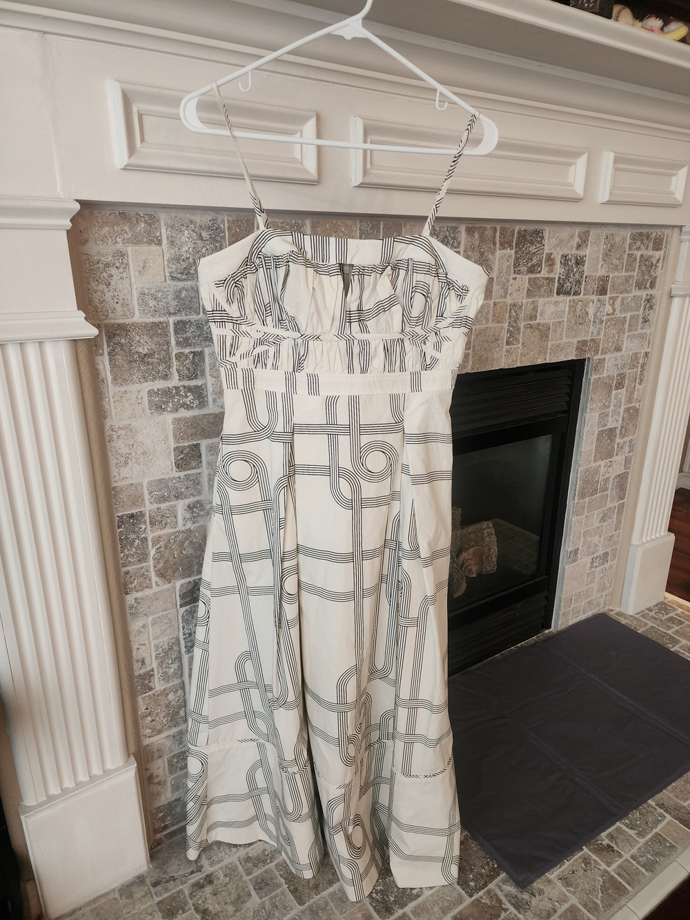 Cream and Gray.navy Geometric Maxi Dress with Thin Straps